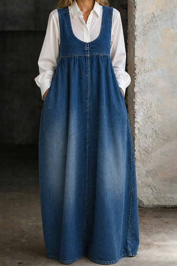 Ines | Women's Denim Sleeveless Scoop-Neck Maxi Pinafore Dress