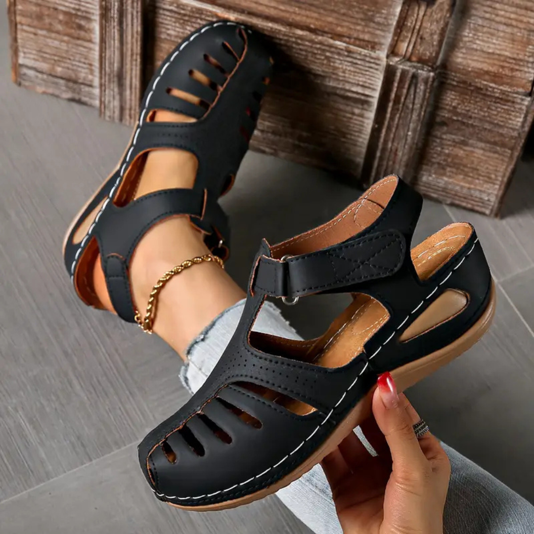 Ines | Women's Orthopaedic Leather Closed-Toe Cut-Out Wedge Sandals