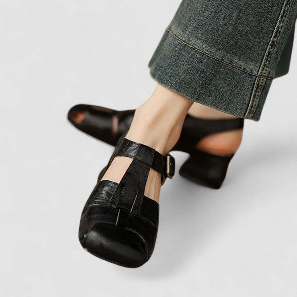 Ingrid | Women's Leather T-Strap Low Block Heel Sandals