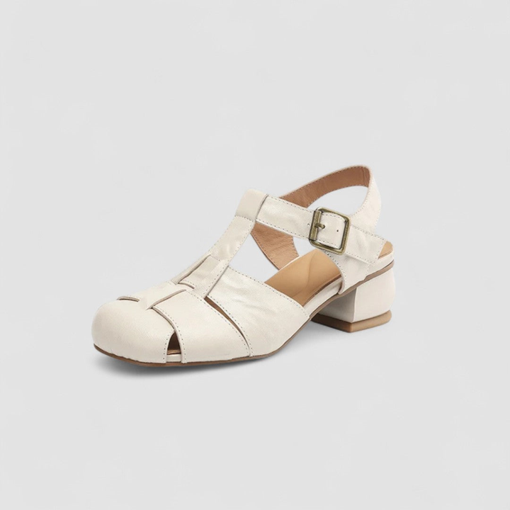 Ingrid | Women's Leather T-Strap Low Block Heel Sandals