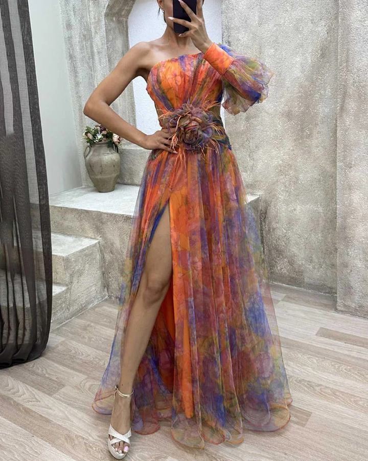 Isadora | Women's Chiffon Floral One-Shoulder Split Maxi Gown