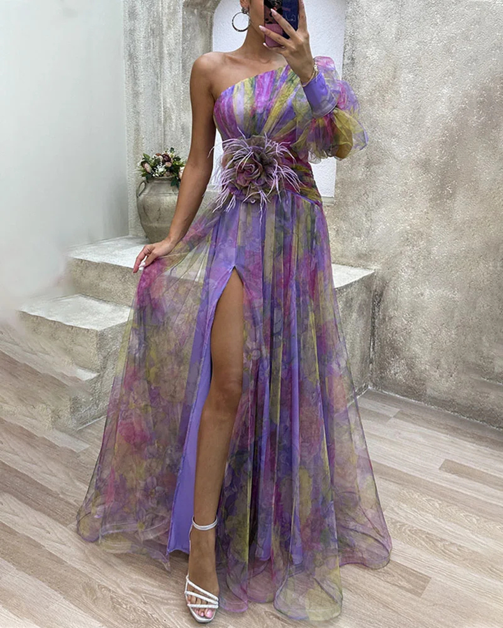 Isadora | Women's Chiffon Floral One-Shoulder Split Maxi Gown Elegant