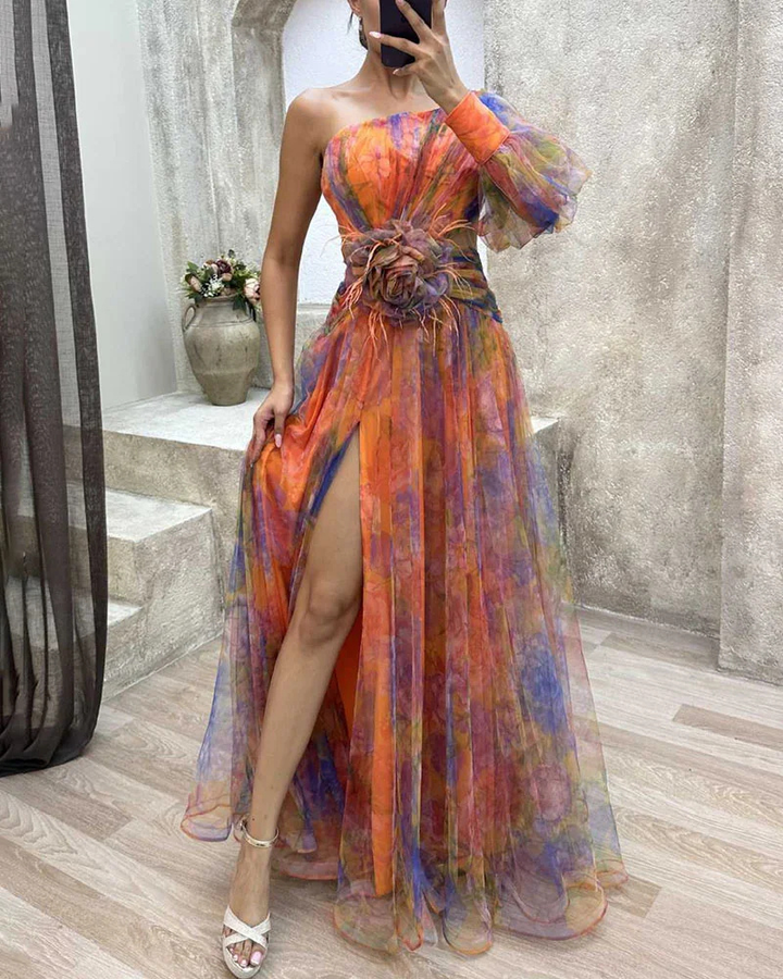 Isadora | Women's Chiffon Floral One-Shoulder Split Maxi Gown Elegant