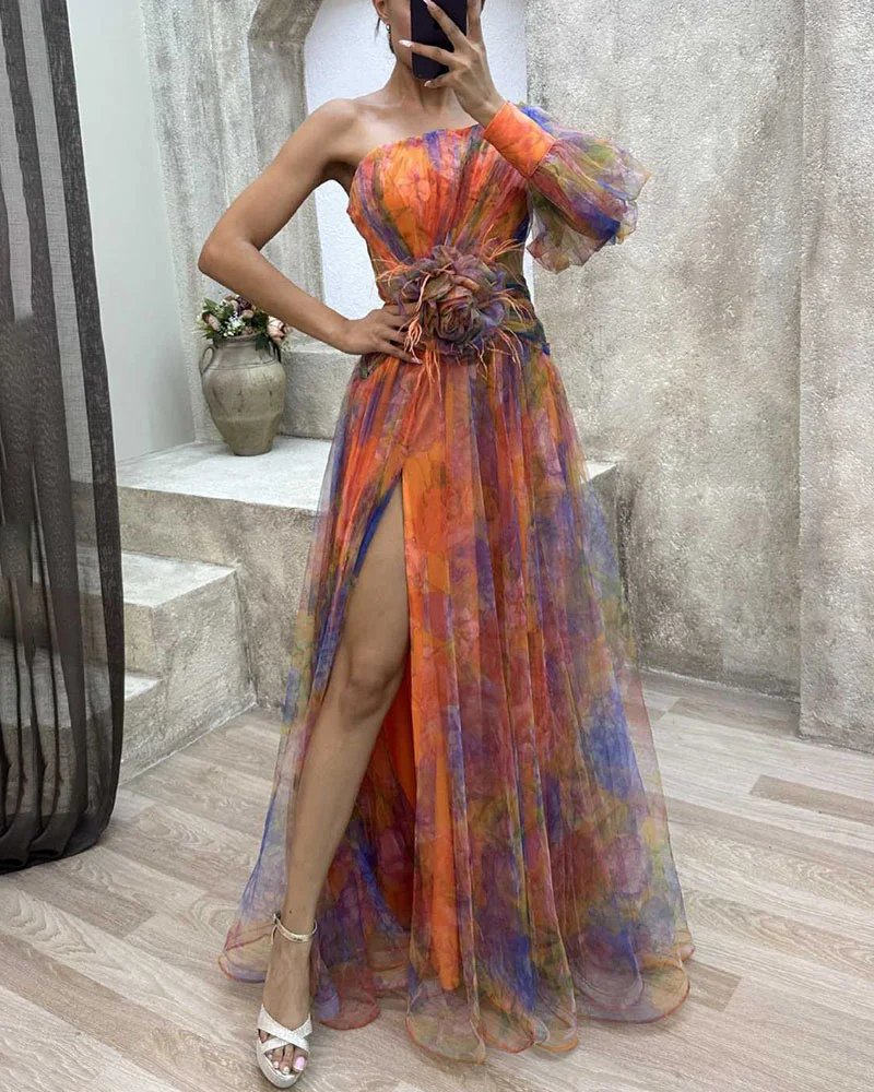 Isadora | Women's Chiffon Floral One-Shoulder Split Maxi Gown Elegant