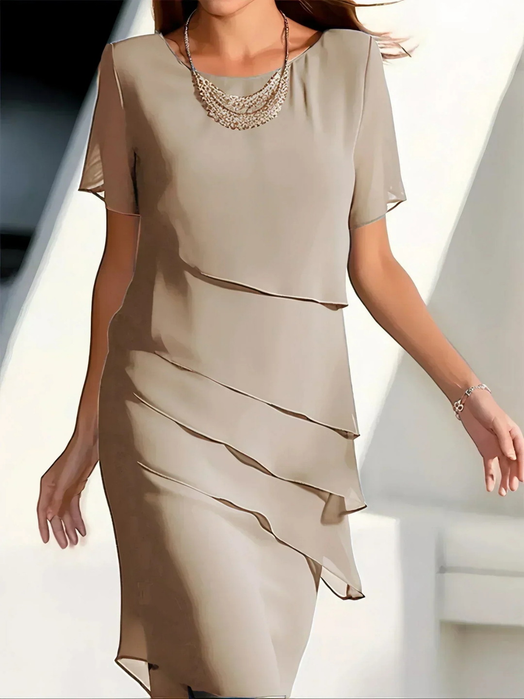 Isadora | Women's Chiffon Layered Tiered Panel Midi Dress Elegant