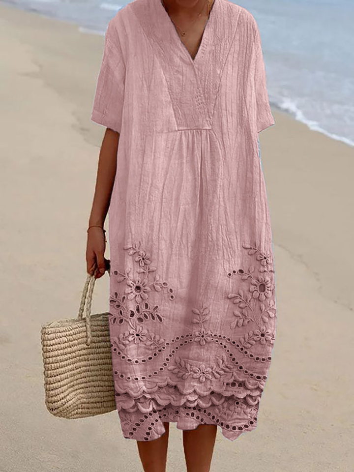 Isla | Women's Cotton Eyelet V-Neck Midi Dress