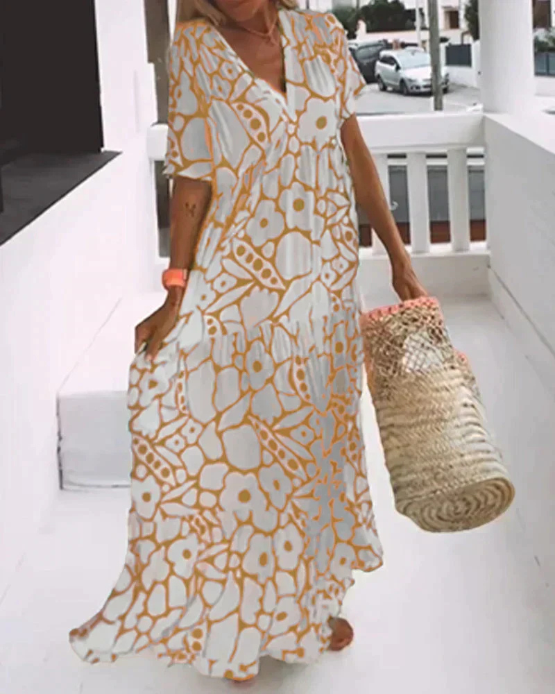 Isla | Women's Cotton Printed V-Neck Tiered Maxi Dress