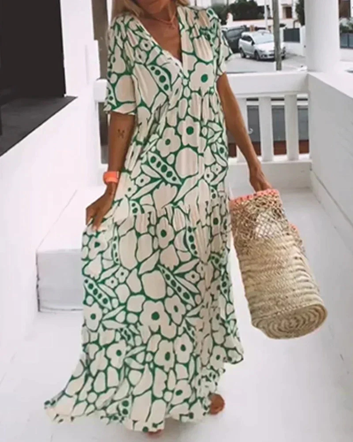 Isla | Women's Cotton Printed V-Neck Tiered Maxi Dress