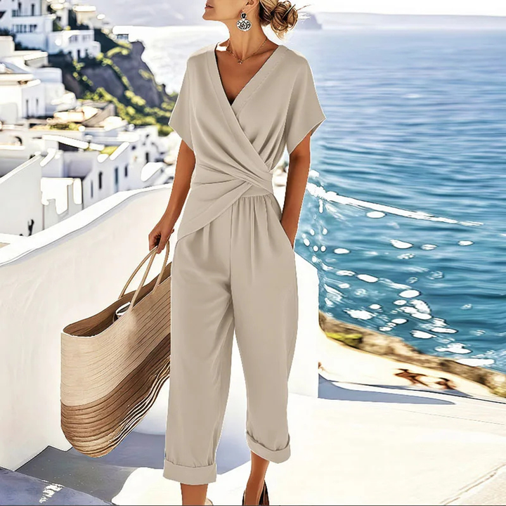 Isla | Women's Linen Wrap V-Neck Wide-Leg Jumpsuit