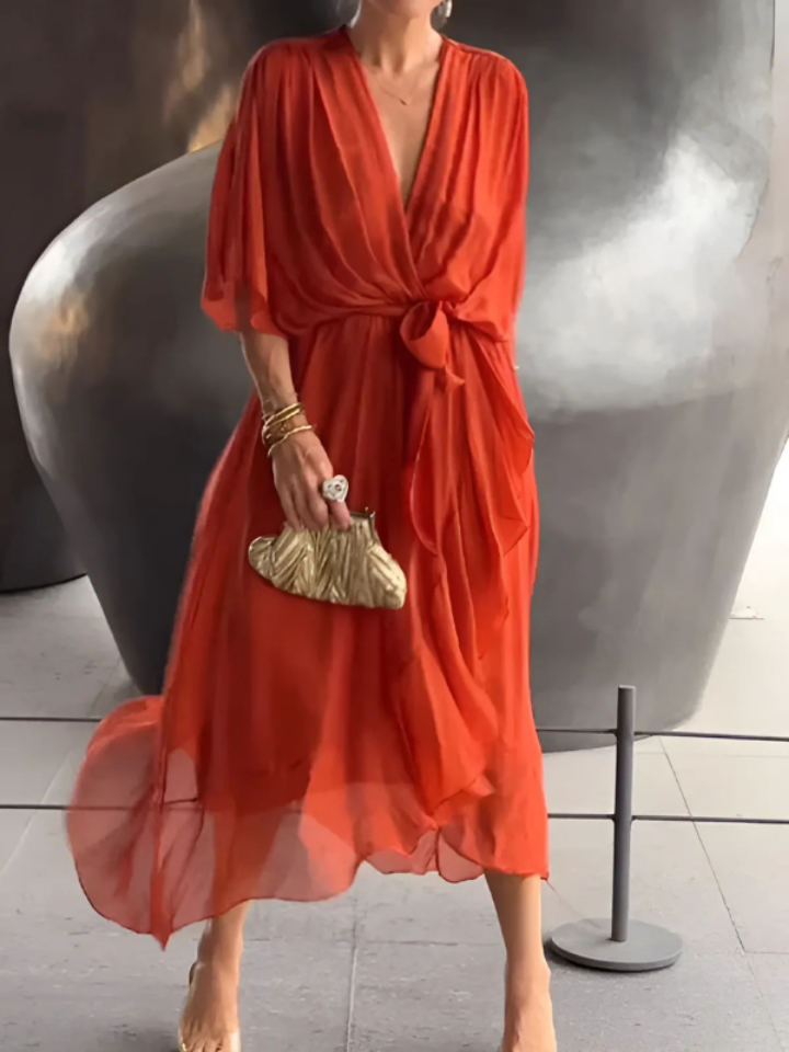 Isolde | Women's Chiffon V-Neck Belted Maxi Dress Elegant