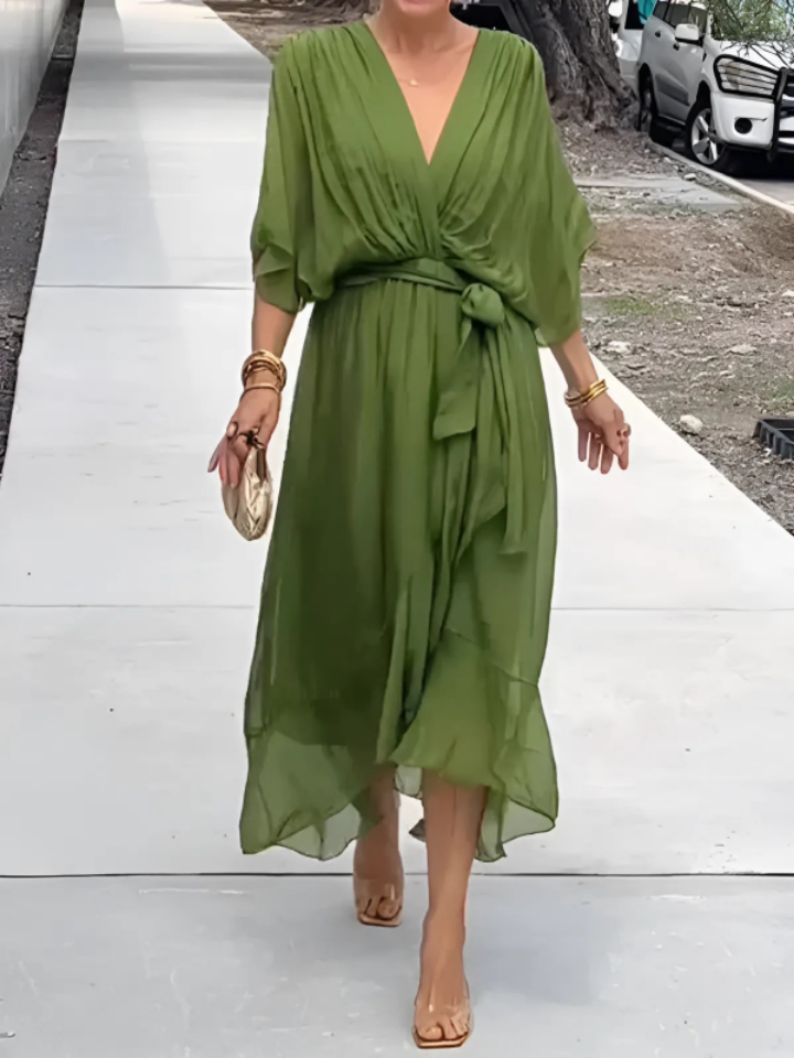 Isolde | Women's Chiffon V-Neck Belted Maxi Dress Elegant