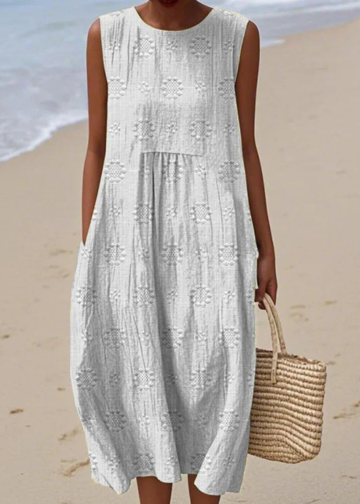 Isolde | Women's Linen Embroidered Sleeveless Midi Dress
