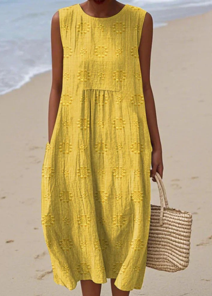 Isolde | Women's Linen Embroidered Sleeveless Midi Dress