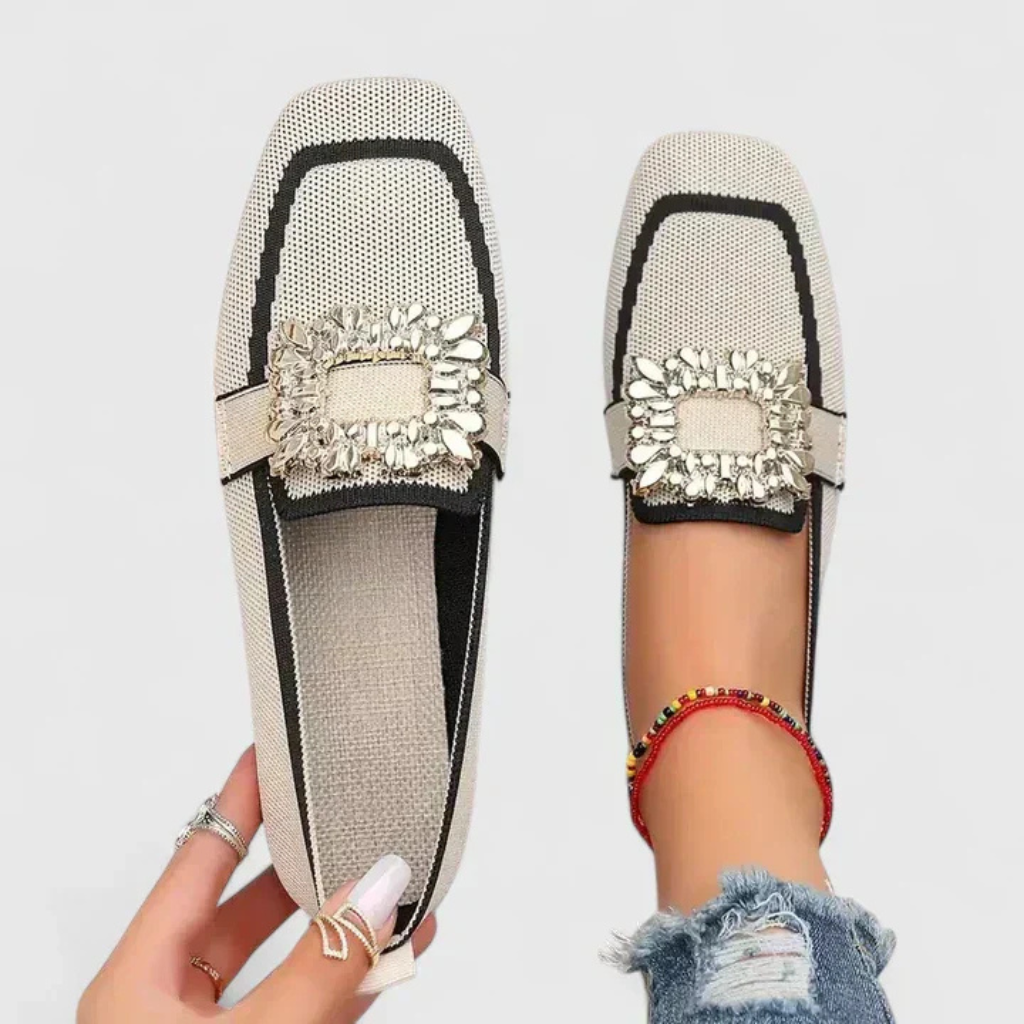 Ivy | Women's Breathable Knit Jewel Buckle Square-Toe Loafers