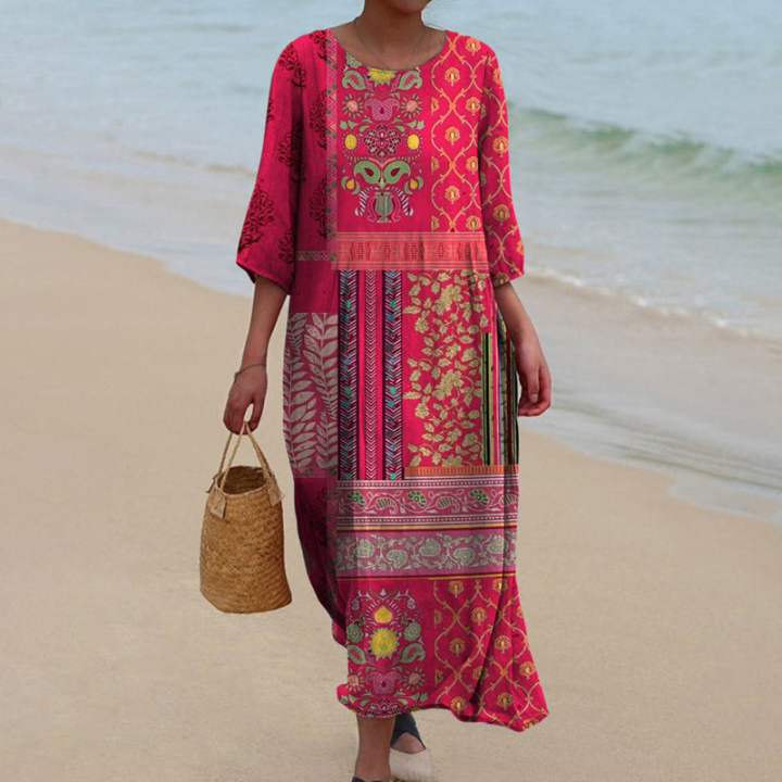 Jaya | Women's Red Cotton Boho Print Round-Neck 3/4 Sleeve Maxi Dress