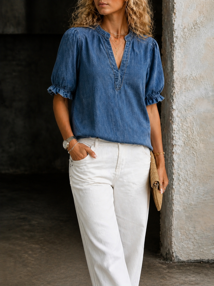 Jolene | Women's Cotton Denim V-Neck Puff Sleeve Blouse