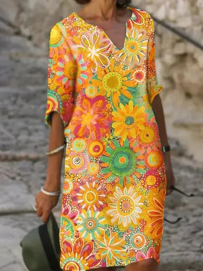 Jolene | Women's Cotton Vibrant Floral V-Neck Midi Dress