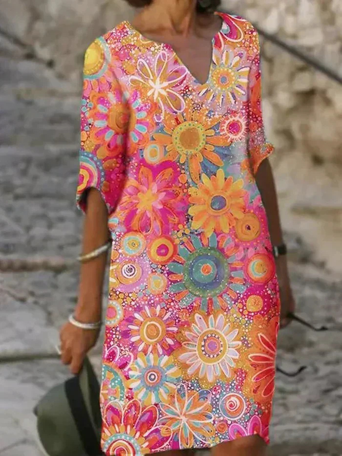 Jolene | Women's Cotton Vibrant Floral V-Neck Midi Dress