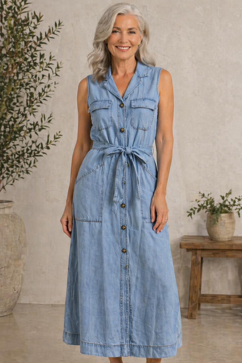 Jolene | Women's Denim Sleeveless Belted Maxi Shirt Dress