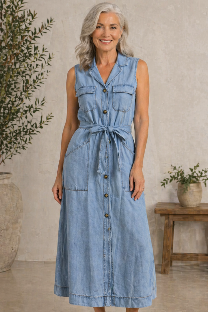 Jolene | Women's Denim Sleeveless Belted Maxi Shirt Dress