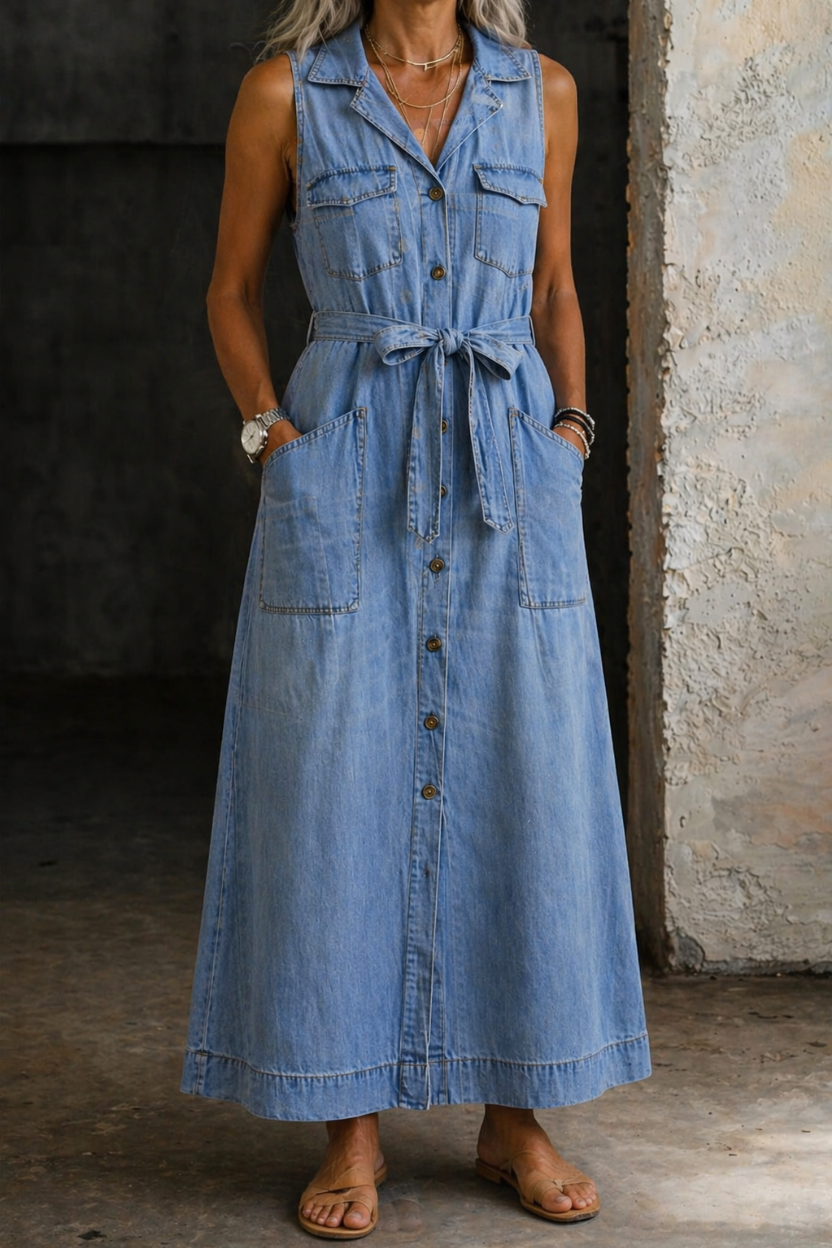 Jolene | Women's Denim Sleeveless Belted Maxi Shirt Dress