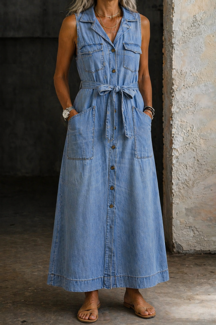 Jolene | Women's Denim Sleeveless Belted Maxi Shirt Dress