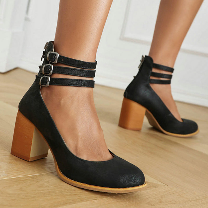Jolene | Women's Leather Block Heel Ankle Strap Pumps