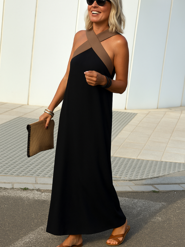 Jolene | Women's Stretch Cross-Strap Colourblock Maxi Dress