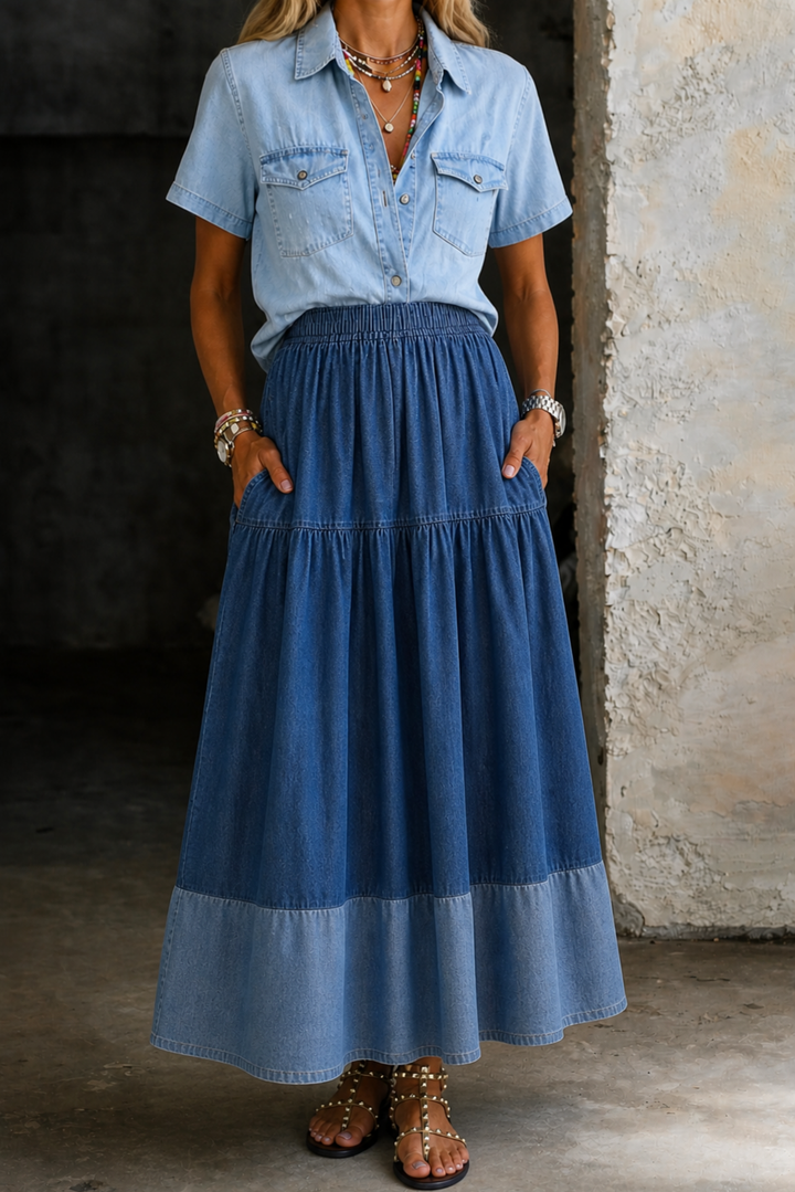 Jolie | Women's Denim Tiered Elastic Waist Maxi Skirt