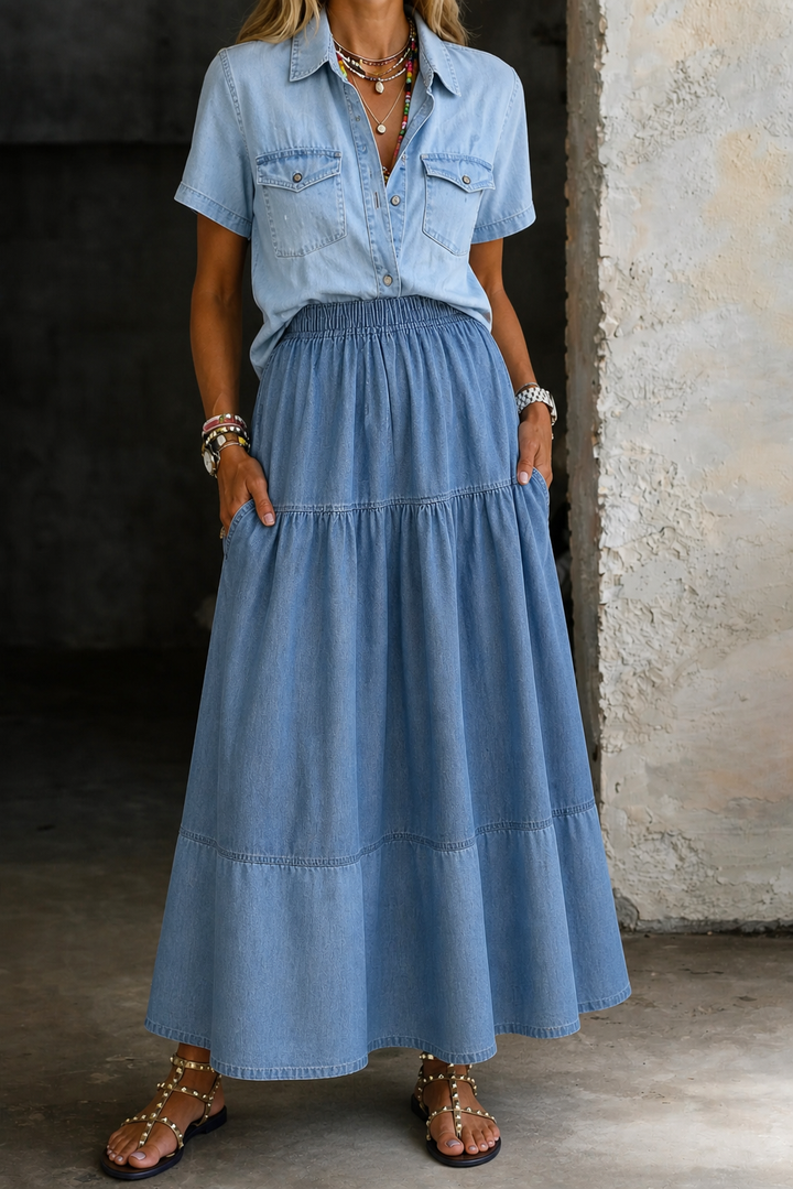 Jolie | Women's Denim Tiered Elastic Waist Maxi Skirt