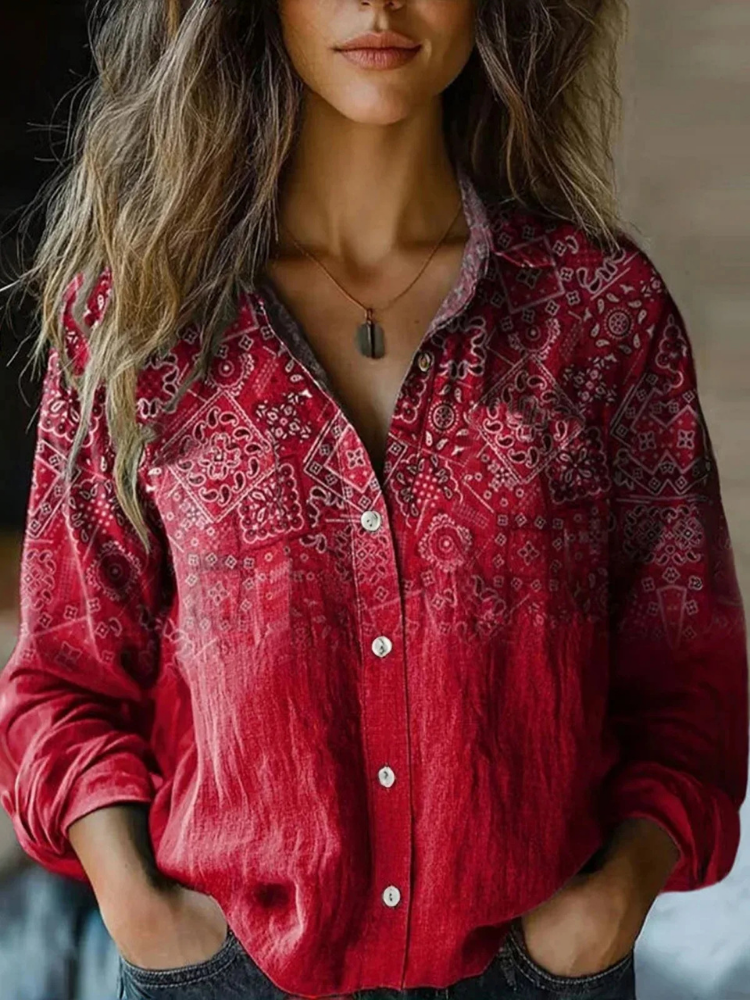 Juna | Women's Linen Boho Print Button-Down Shirt