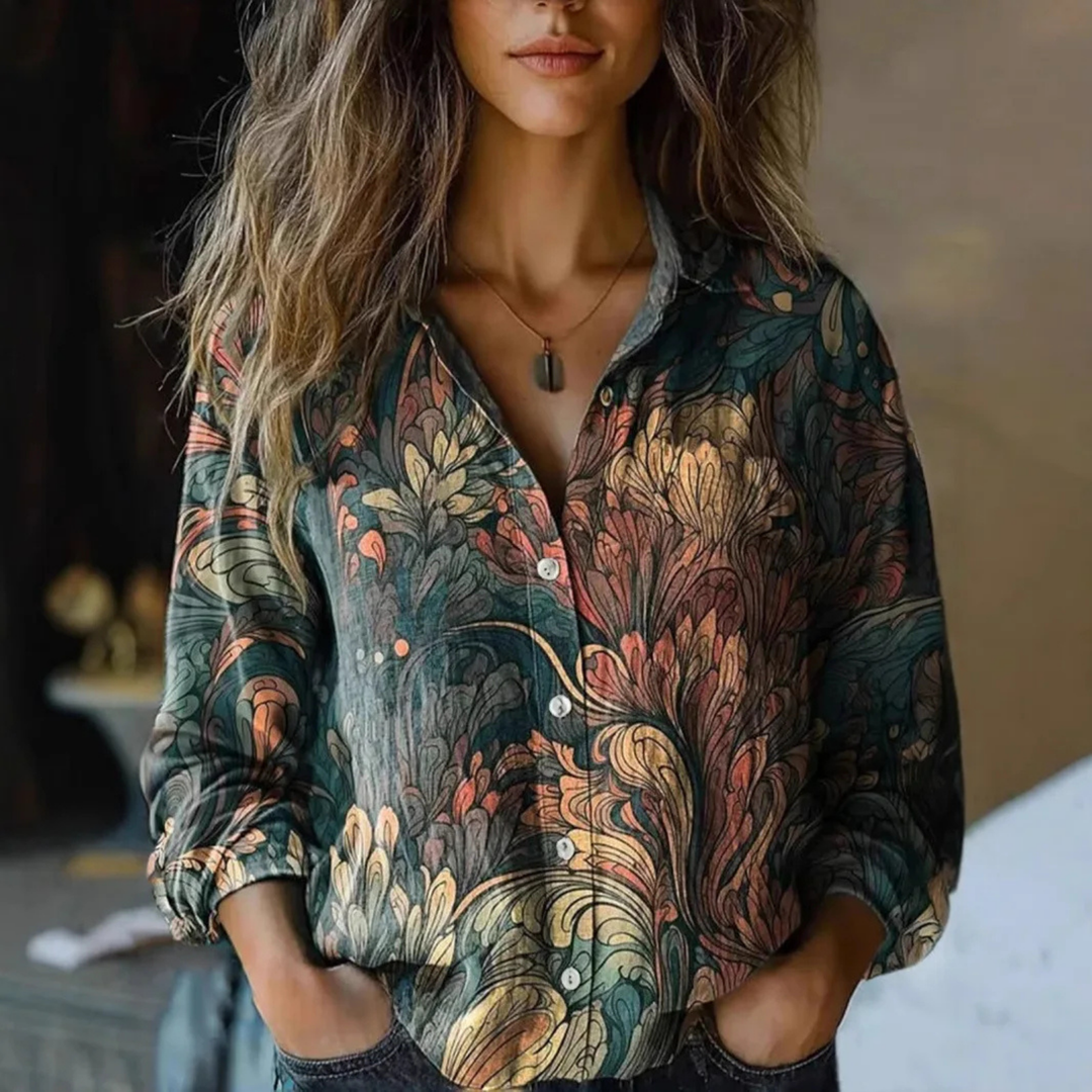 Juna | Women's Linen Boho Print Button-Down Shirt