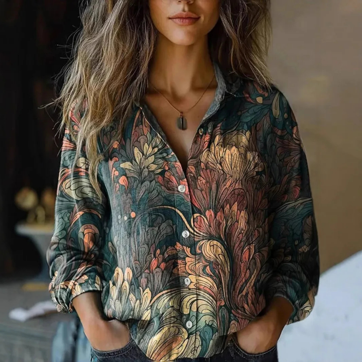 Juna | Women's Linen Boho Print Button-Down Shirt