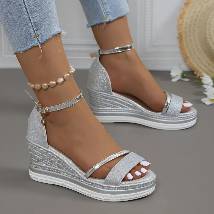 Kaia | Women's Glitter Espadrille Wedge Ankle Strap Sandals