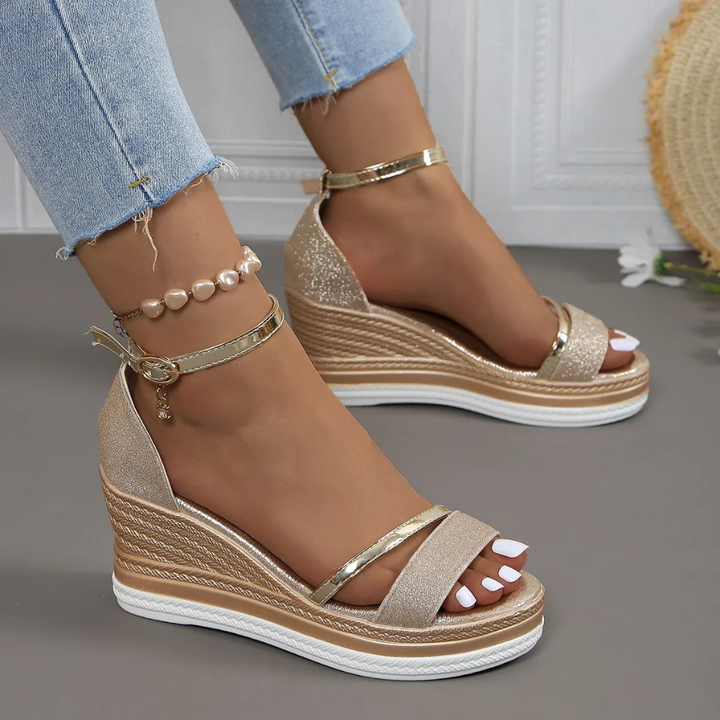 Kaia | Women's Glitter Espadrille Wedge Ankle Strap Sandals