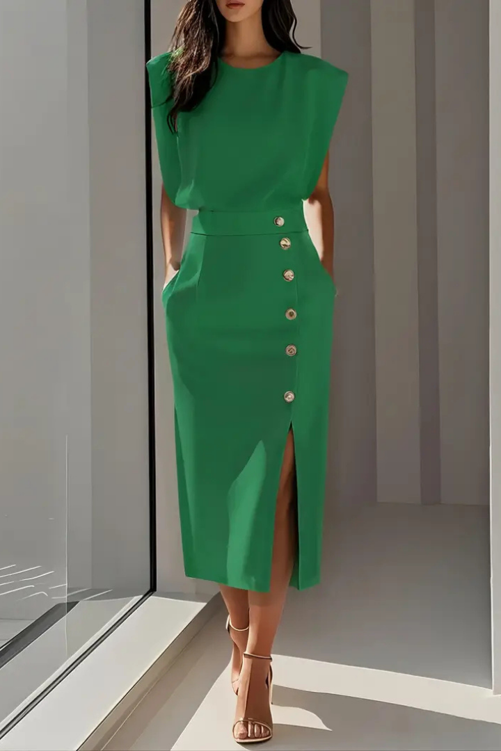 Katrine | Women's Stretch Cap-Sleeve Button-Front Elegant Midi Dress