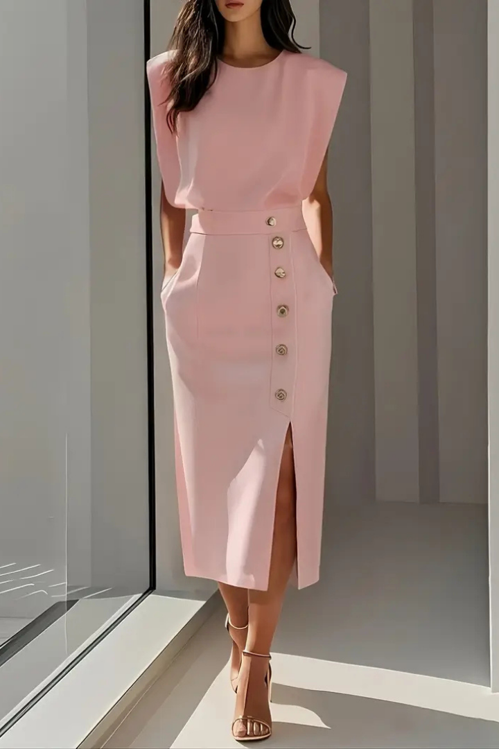 Katrine | Women's Stretch Cap-Sleeve Button-Front Elegant Midi Dress