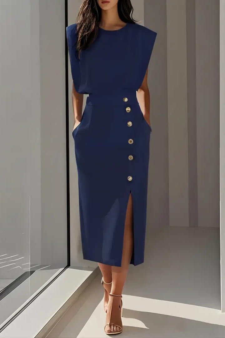 Katrine | Women's Stretch Cap-Sleeve Button-Front Elegant Midi Dress