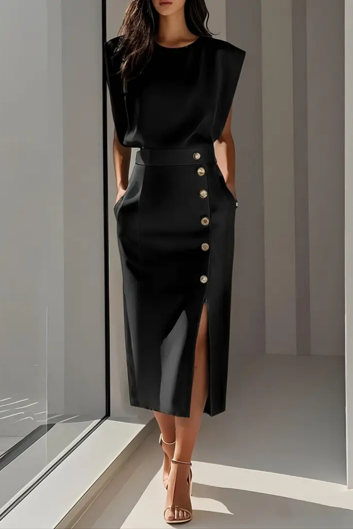Katrine | Women's Stretch Cap-Sleeve Button-Front Elegant Midi Dress