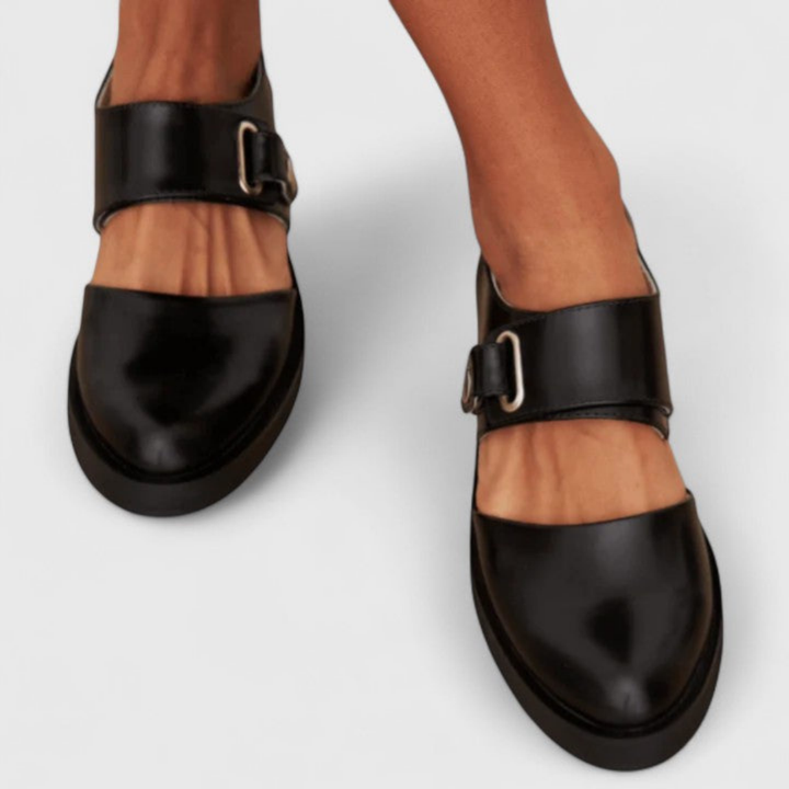 Kezia | Women's Black Leather Buckle Strap Mary Jane Low Heel Shoes