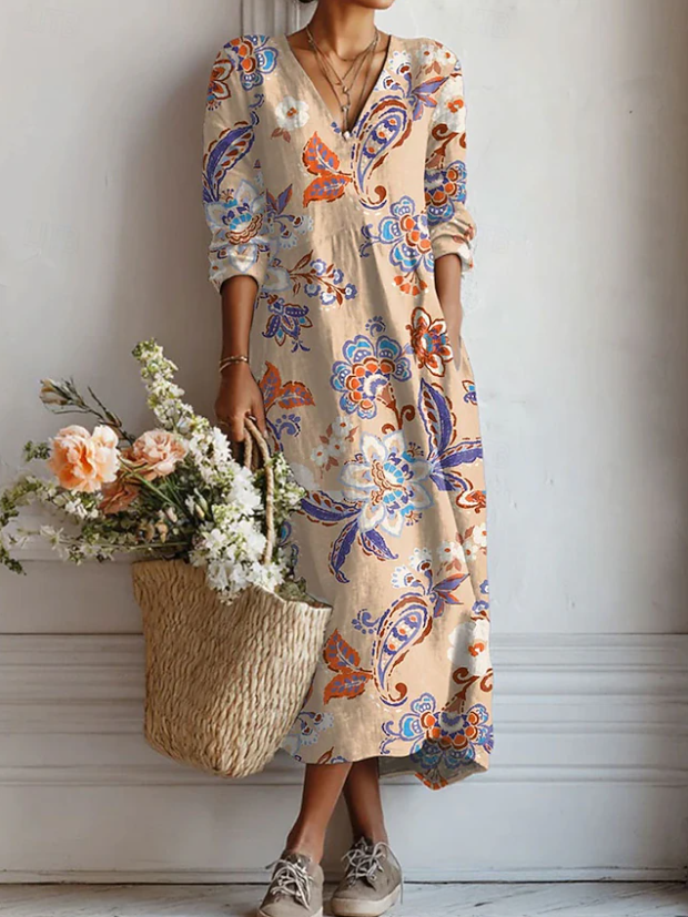 Kira | Women's Linen V-Neck Floral Paisley Maxi Dress