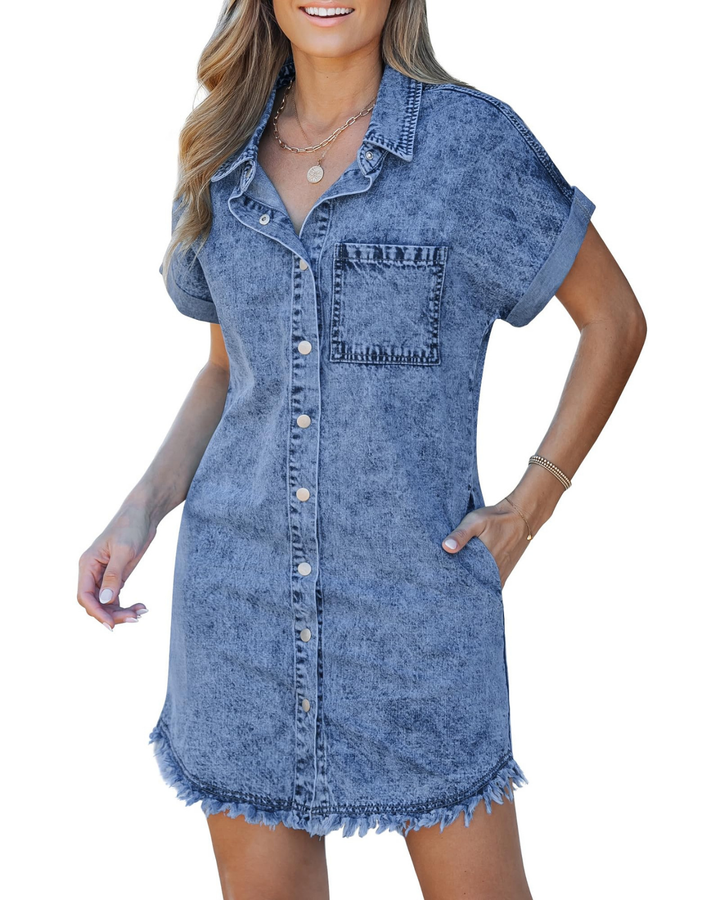 Kit | Women's Denim Button-Down Raw Hem Mini Dress