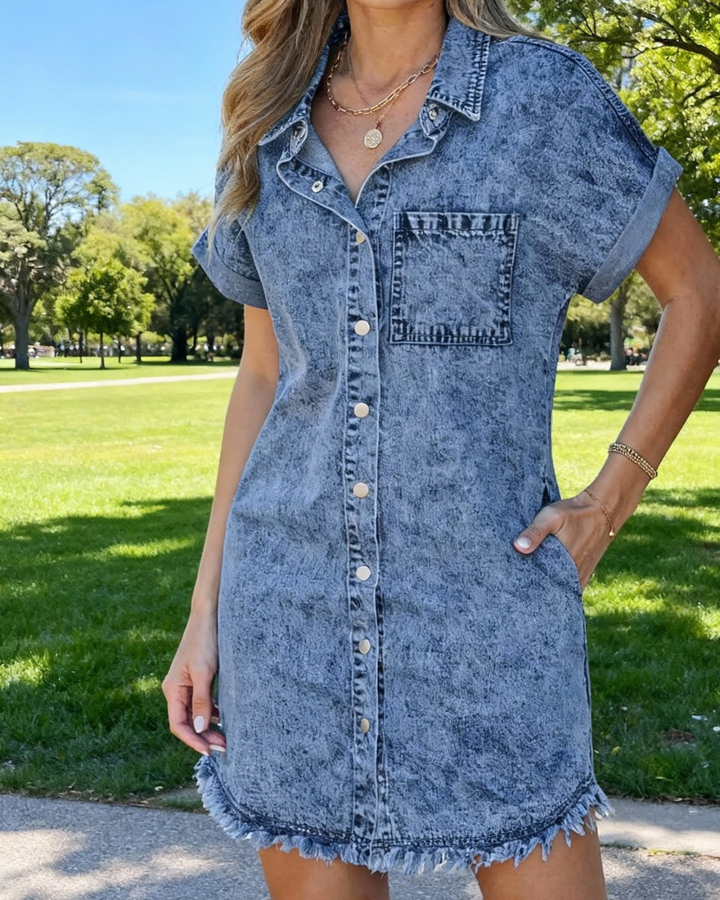 Kit | Women's Denim Button-Down Raw Hem Mini Dress