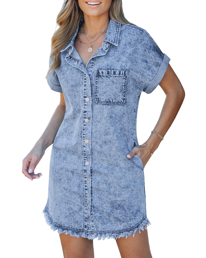 Kit | Women's Denim Button-Down Raw Hem Mini Dress