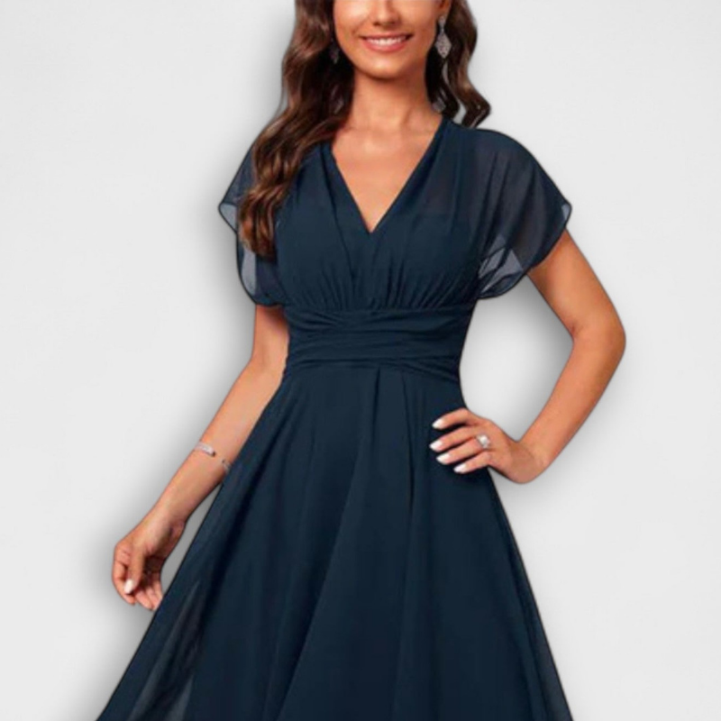 Lucia's Flowing Grace | V-Neck Midi Dress