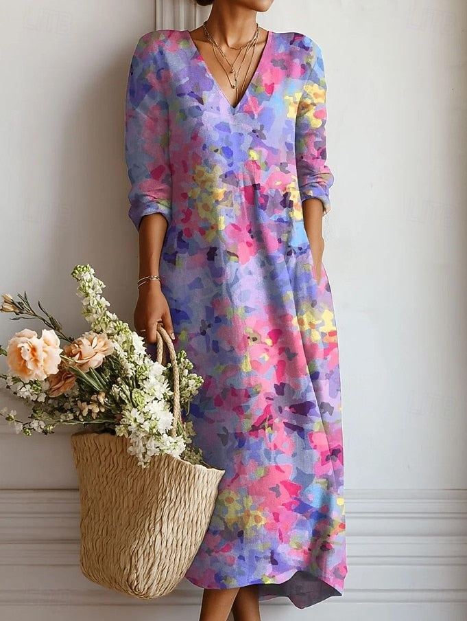 Lavinia | Women's Cotton V-Neck Watercolor Floral Maxi Dress