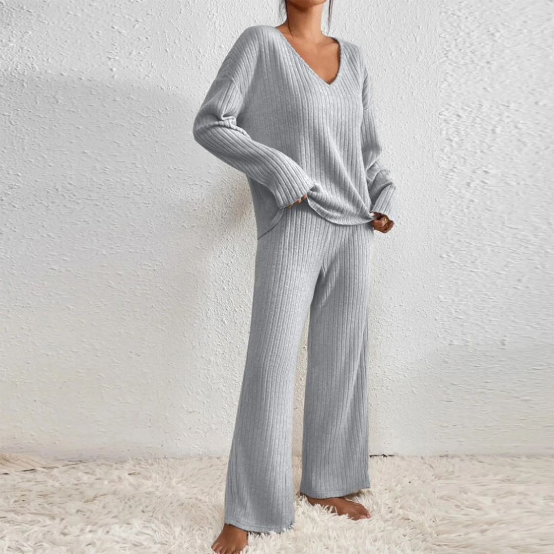 Lena | Women's Cotton-Blend Ribbed Knit Wide-Leg Lounge Set