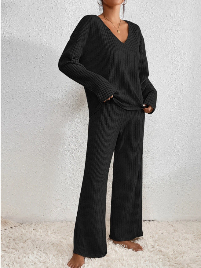 Lena | Women's Cotton-Blend Ribbed Knit Wide-Leg Lounge Set
