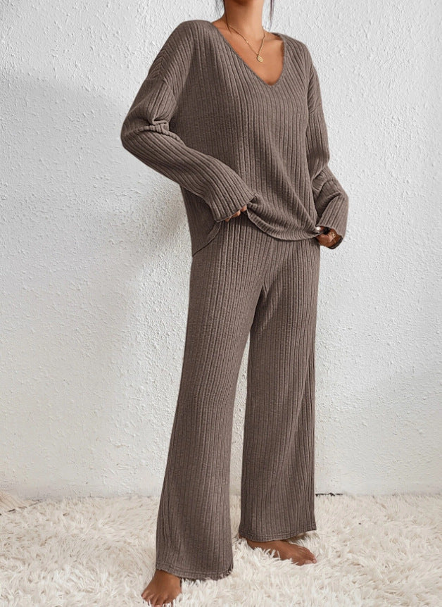 Lena | Women's Cotton-Blend Ribbed Knit Wide-Leg Lounge Set