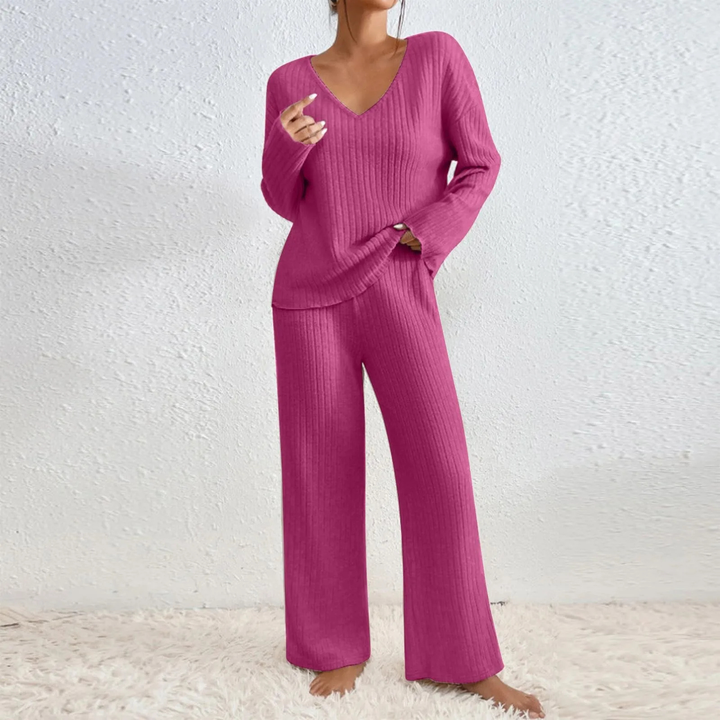 Lena | Women's Cotton-Blend Ribbed Knit Wide-Leg Lounge Set
